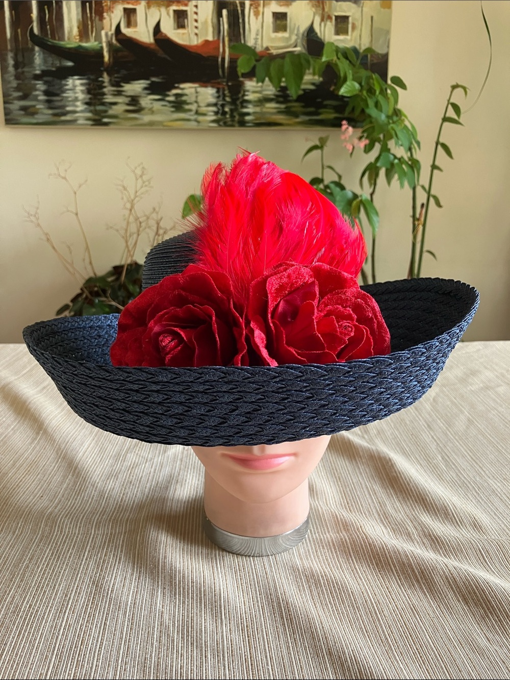 Elegant Navy Blue Straw Hat with Red Velvet Floral Feather Accent